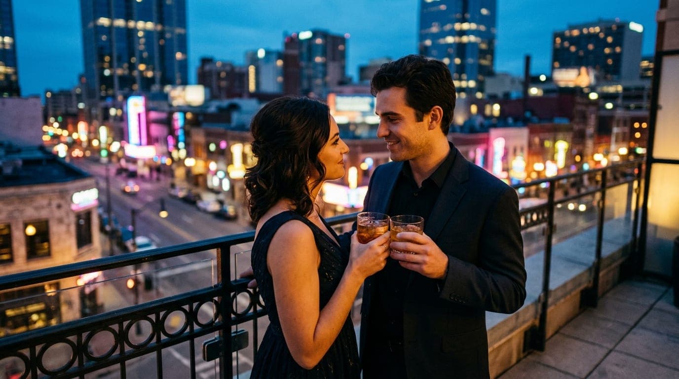 A couple in evening wear stands on a Century Square balcony at blue hour, city lights blurred in the background, focusing...