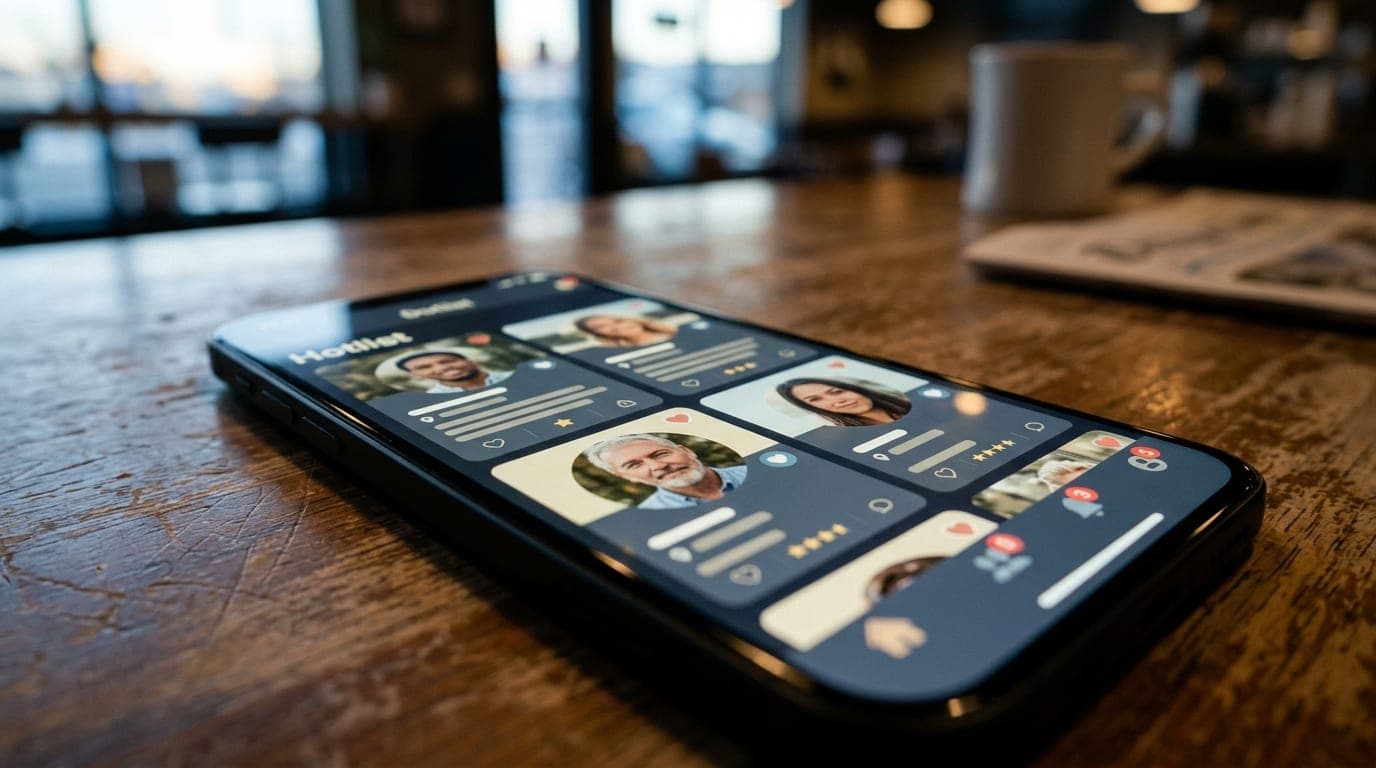 A tight, 100mm macro shot of a sleek smartphone screen displaying an AdultFriendFinder profile "Hotlist" interface, restin...