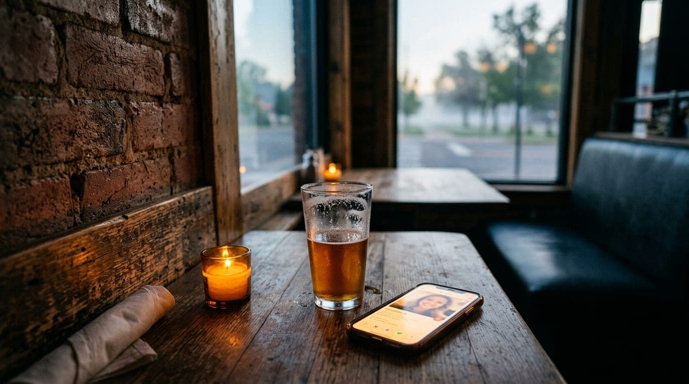 Medium shot, tilt-shift focus on a half-finished craft beer at a corner booth in Ivywild School. Candlelight illuminates a...