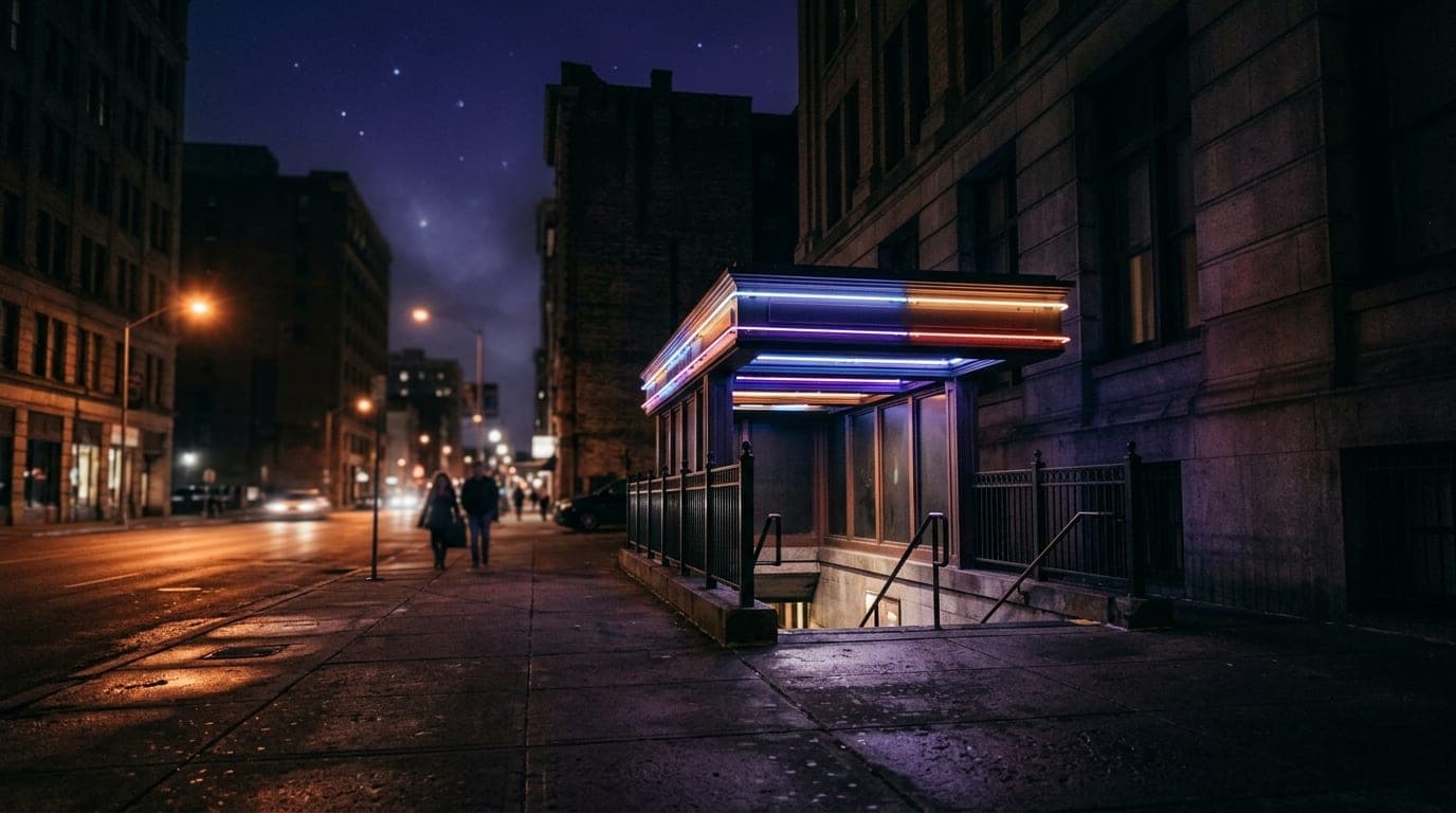 A low-angle shot from the sidewalk captures the neon-lit, underground entrance of The Rabbit Hole at midnight, framed agai...