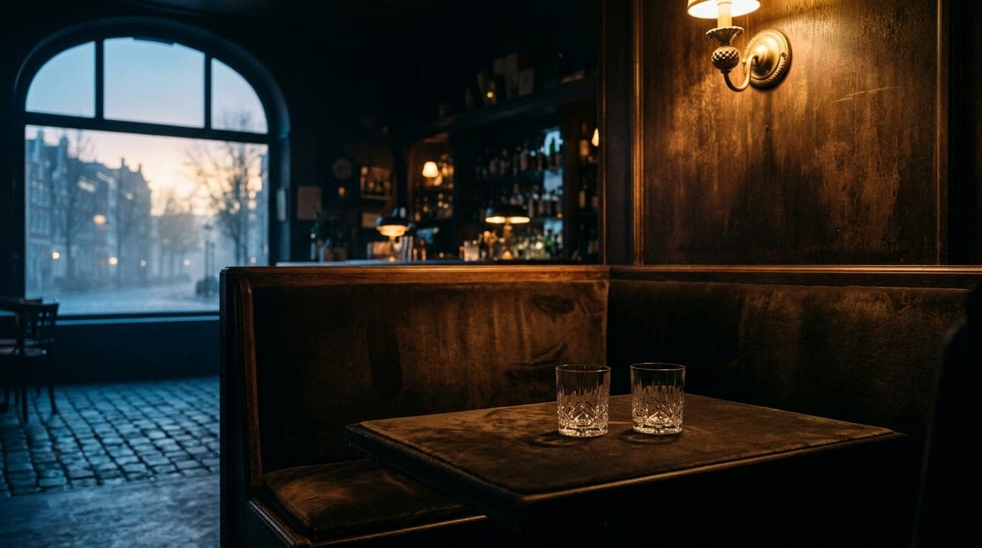 A wide shot of a dimly lit booth at The Rabbit Hole. Two empty crystal glasses sit on a dark velvet tabletop, reflecting t...