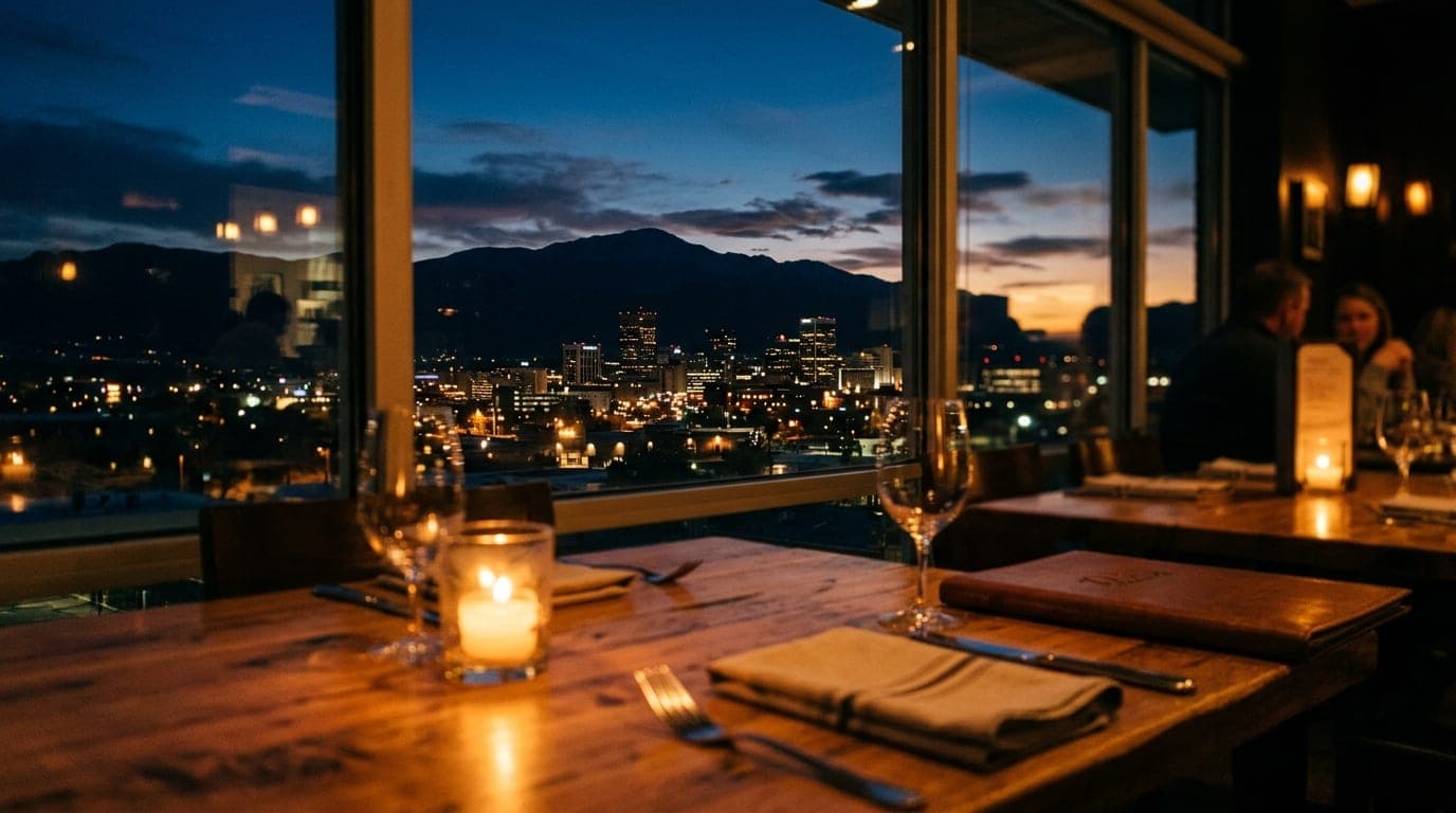 A candle-lit indoor table provides a soft, warm foreground blur, with sharp, tilt-shift focus on the distant, glowing Pike...