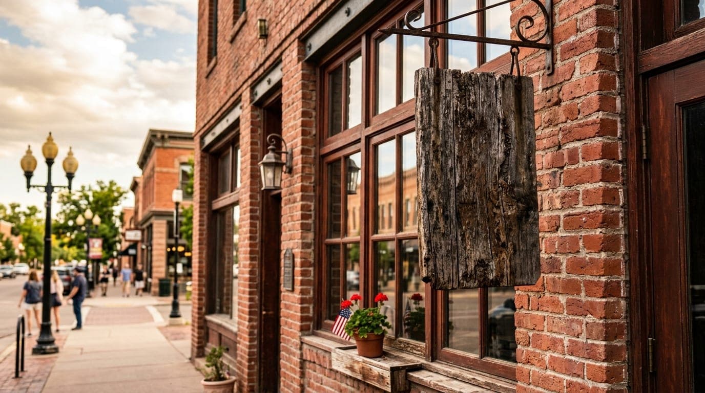 The sunlit exterior of an Old Colorado City brick storefront, captured at noon. A weathered, vintage wooden sign hangs off...