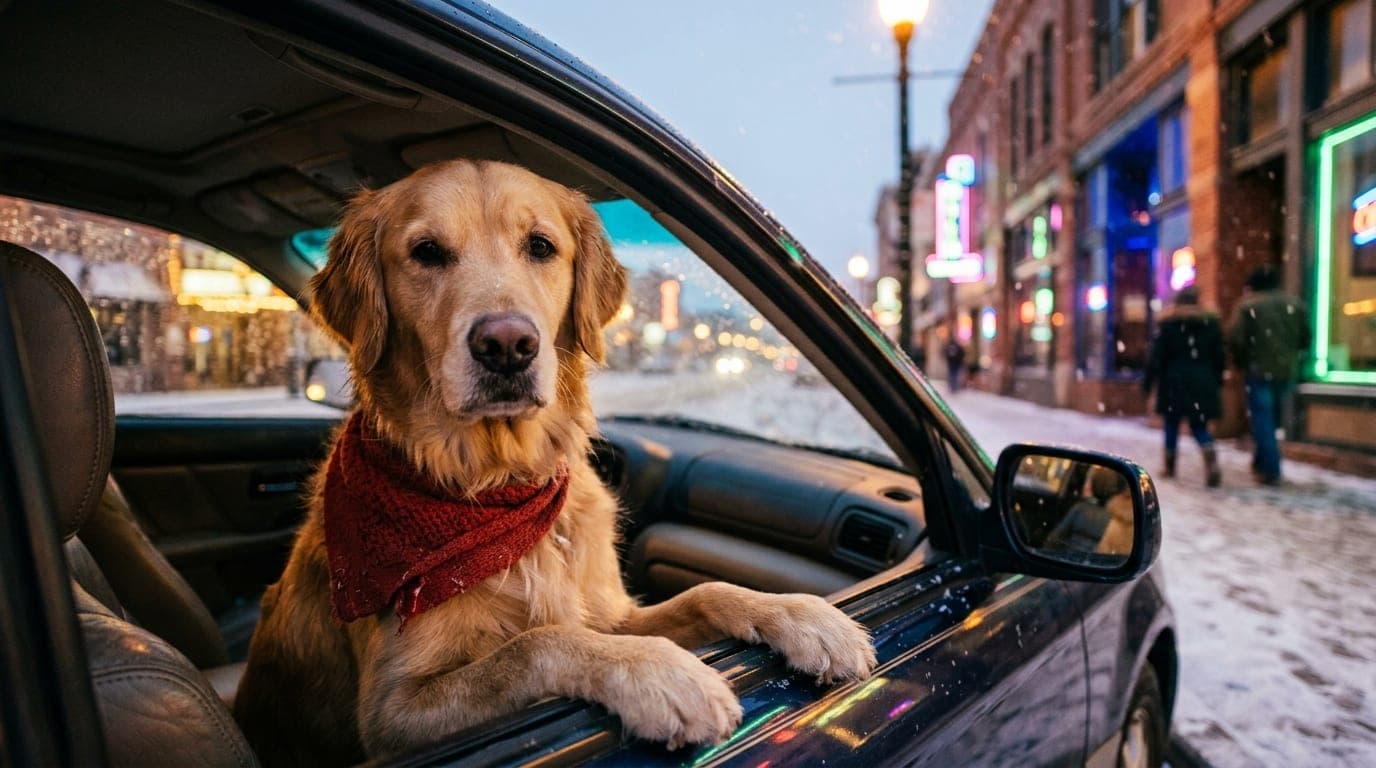 A 24mm wide-angle shot of a Golden Retriever wearing a red bandana sitting in a parked car, with the snowy, blurred neon g...