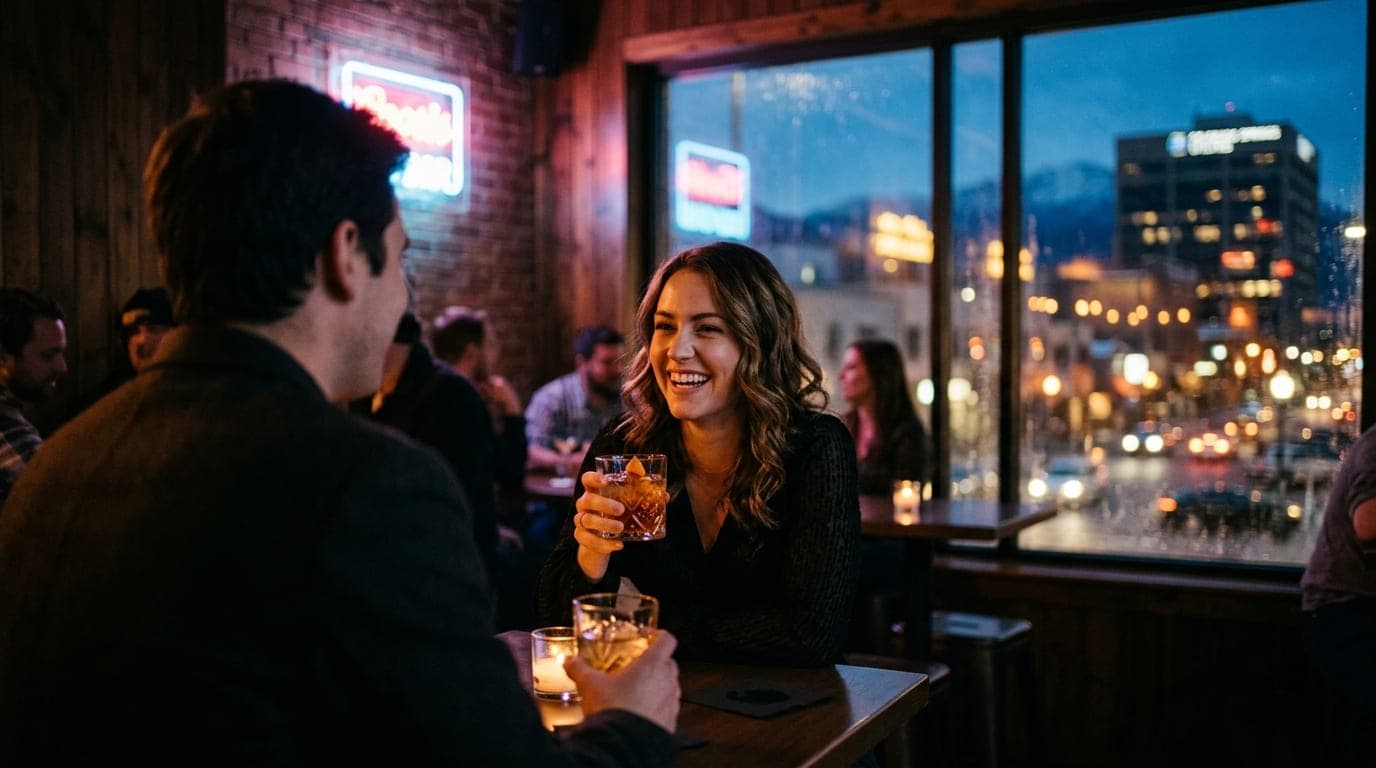 A couple stands at a high-top table inside a moody, dimly lit cocktail bar, holding crystal glasses. Through the window, t...