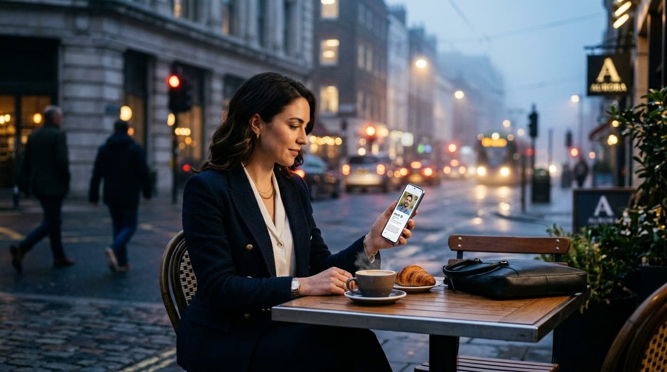 A professional woman in a crisp blazer sits at a corner cafe table, looking at a verified profile on her smartphone, soft...
