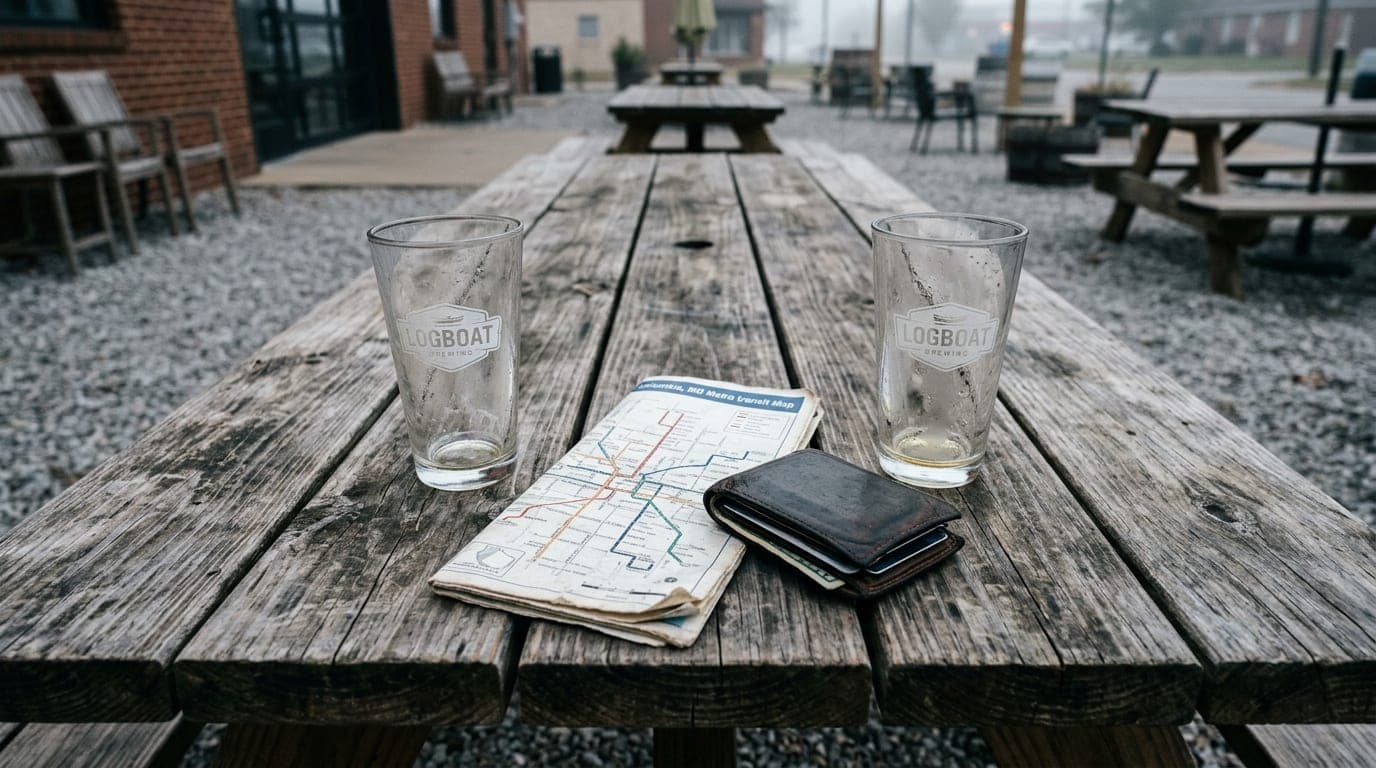 Overhead flat-lay, 24mm wide-angle, overcast morning. Two empty pint glasses sit on a weathered wooden picnic table at Log...
