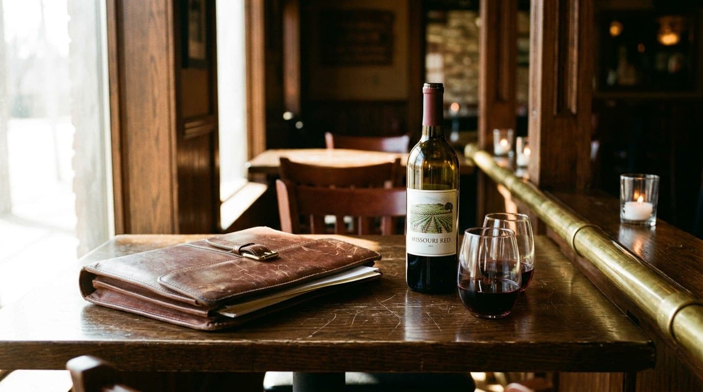 A half-empty bottle of local Missouri wine and two glasses sit on a weathered oak bar table. A worn leather professional p...