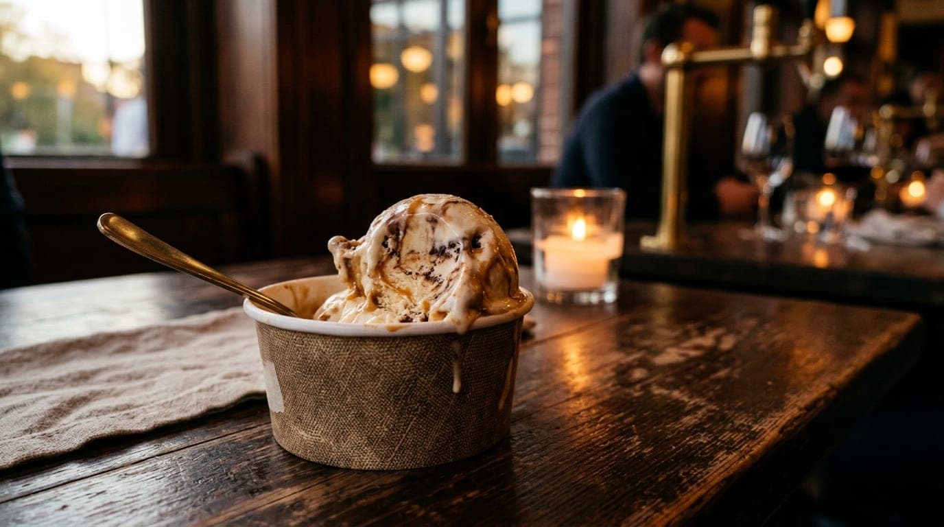 A macro 85mm shot of a half-eaten scoop of artisan ice cream in a paper cup, resting on a rustic bistro table at dusk, sof...