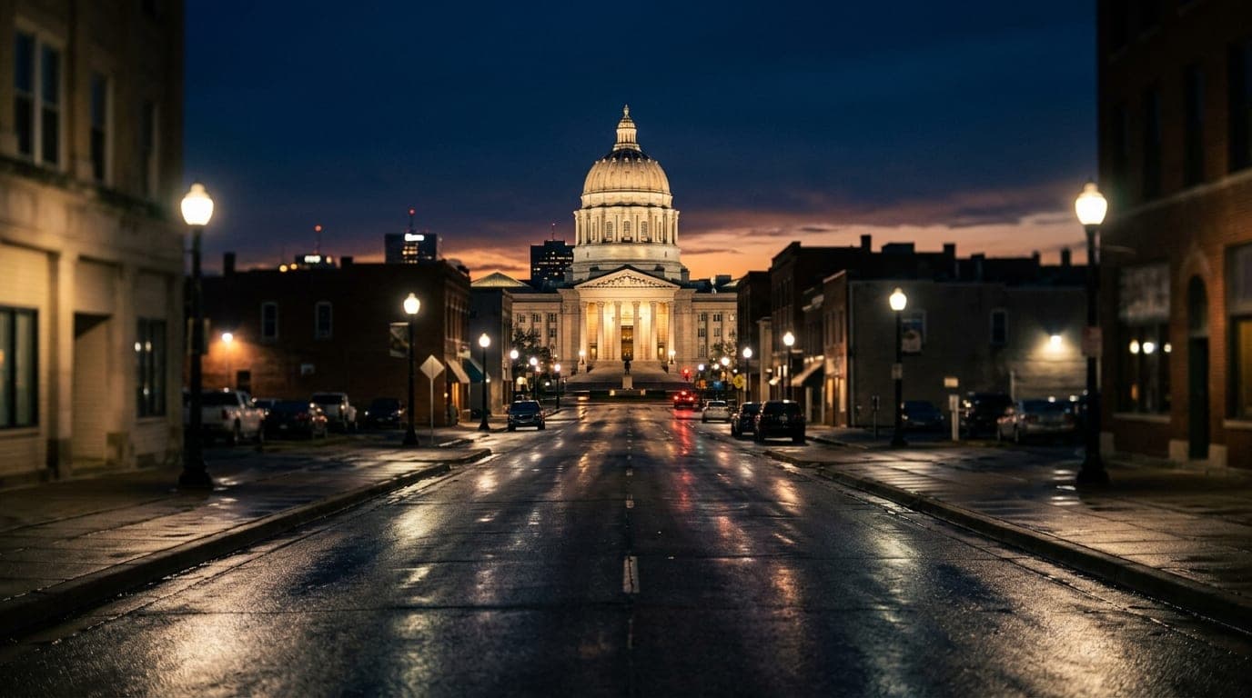 A low-angle, wide-shot perspective of the Missouri State Capitol dome at midnight, illuminated against a deep indigo sky,...