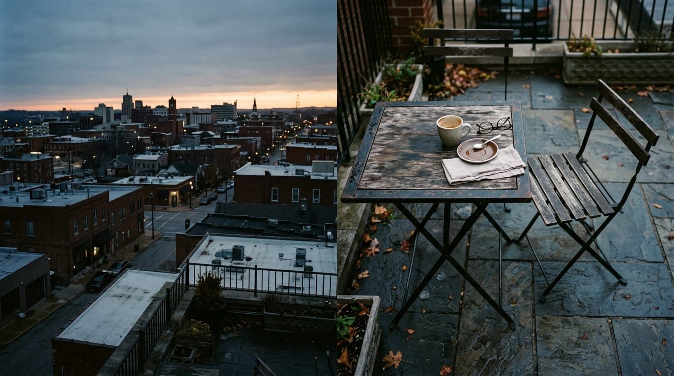 An overhead flat-lay of the Uprise Bakery patio furniture at dawn, captured with 35mm film. The subject is offset right, f...