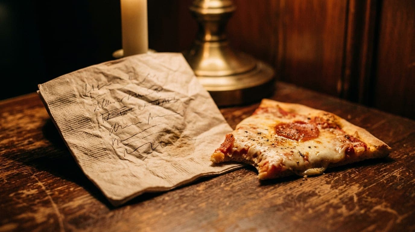 A 100mm macro shot captures a handwritten note on a crumpled napkin reading "Blue Note vs. Rose Music Hall?" next to a hal...
