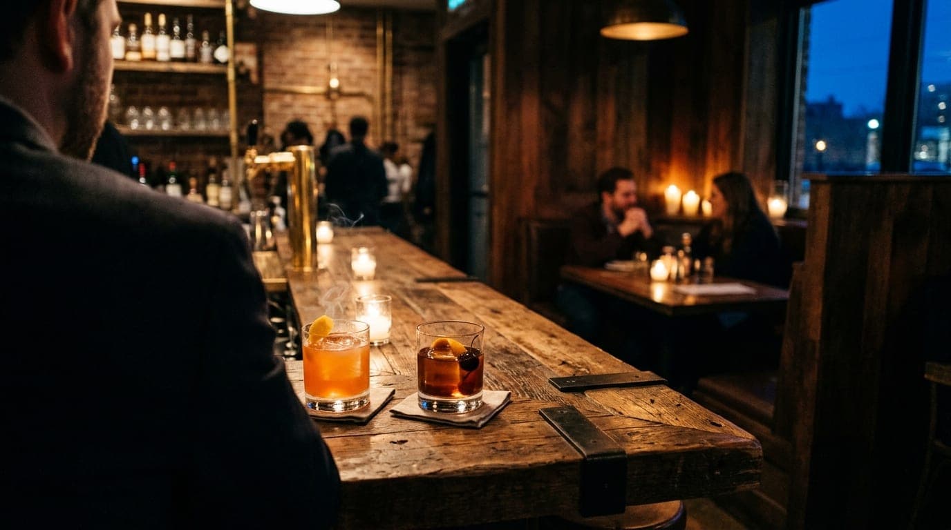 Over-the-shoulder perspective at Barred Owl Butcher & Table. Two high-end cocktails sit on a reclaimed wood counter at blu...