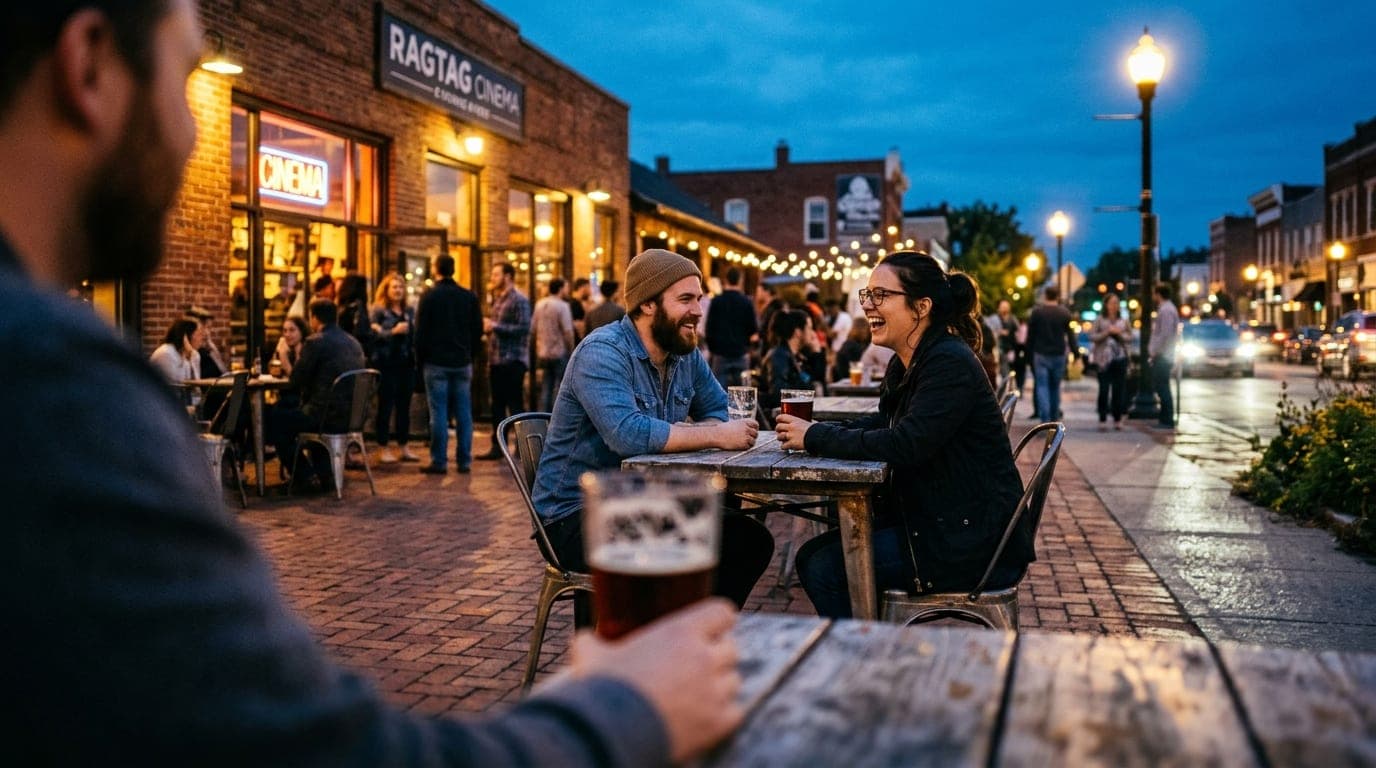 Over-the-shoulder, tilt-shift view of a couple laughing on a patio table outside Ragtag Cinema at blue hour. A craft beer...