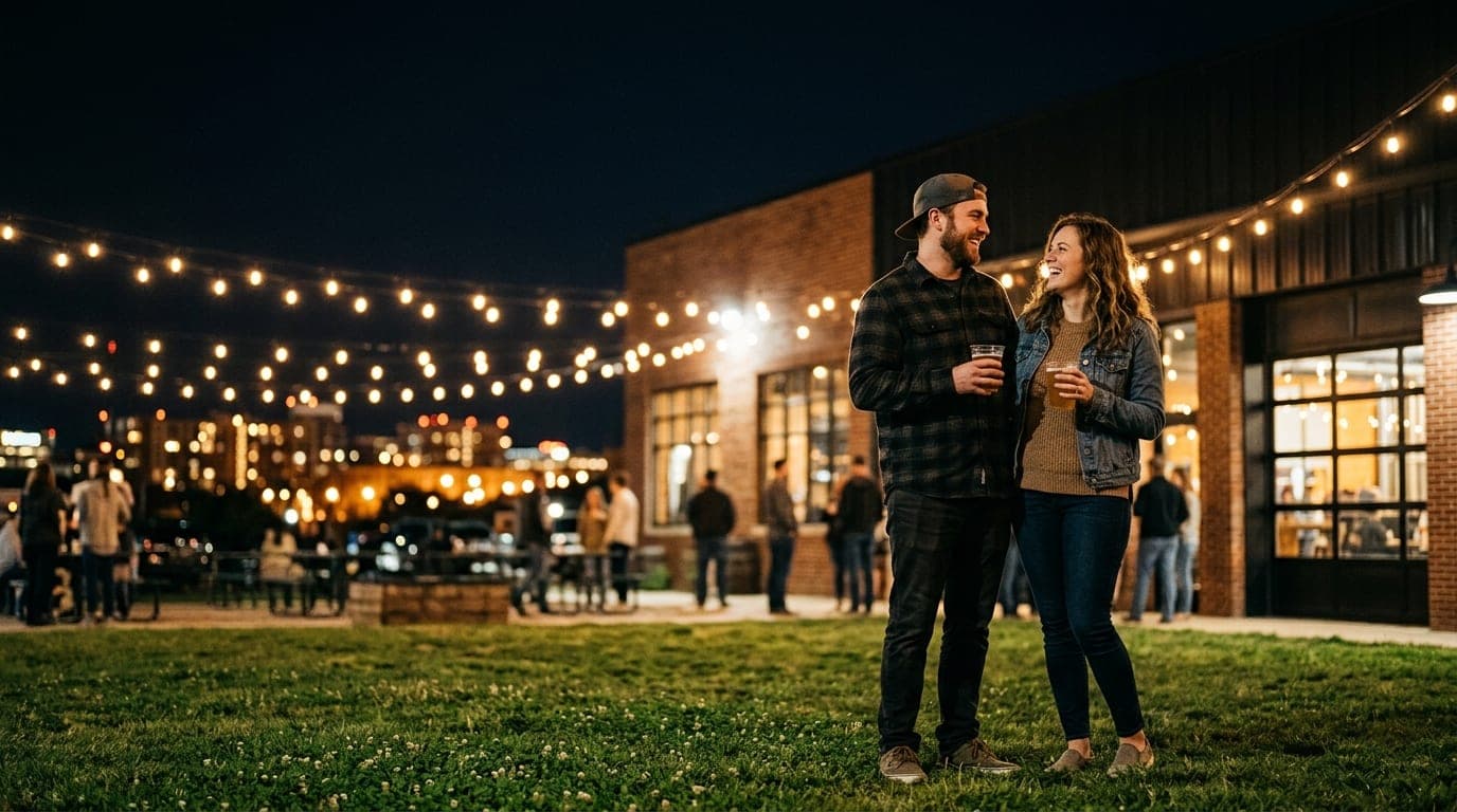A couple stands on the manicured grass of Logboat Brewing at night, offset right. Low-angle 35mm shot, they hold plastic b...