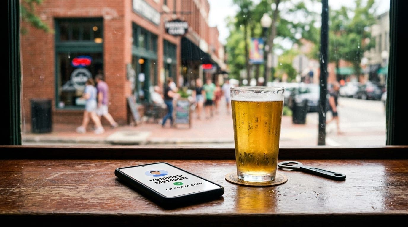 A blurred backdrop of The Vista’s brick storefronts through a window. In focus, a smartphone screen displaying a "Verified...