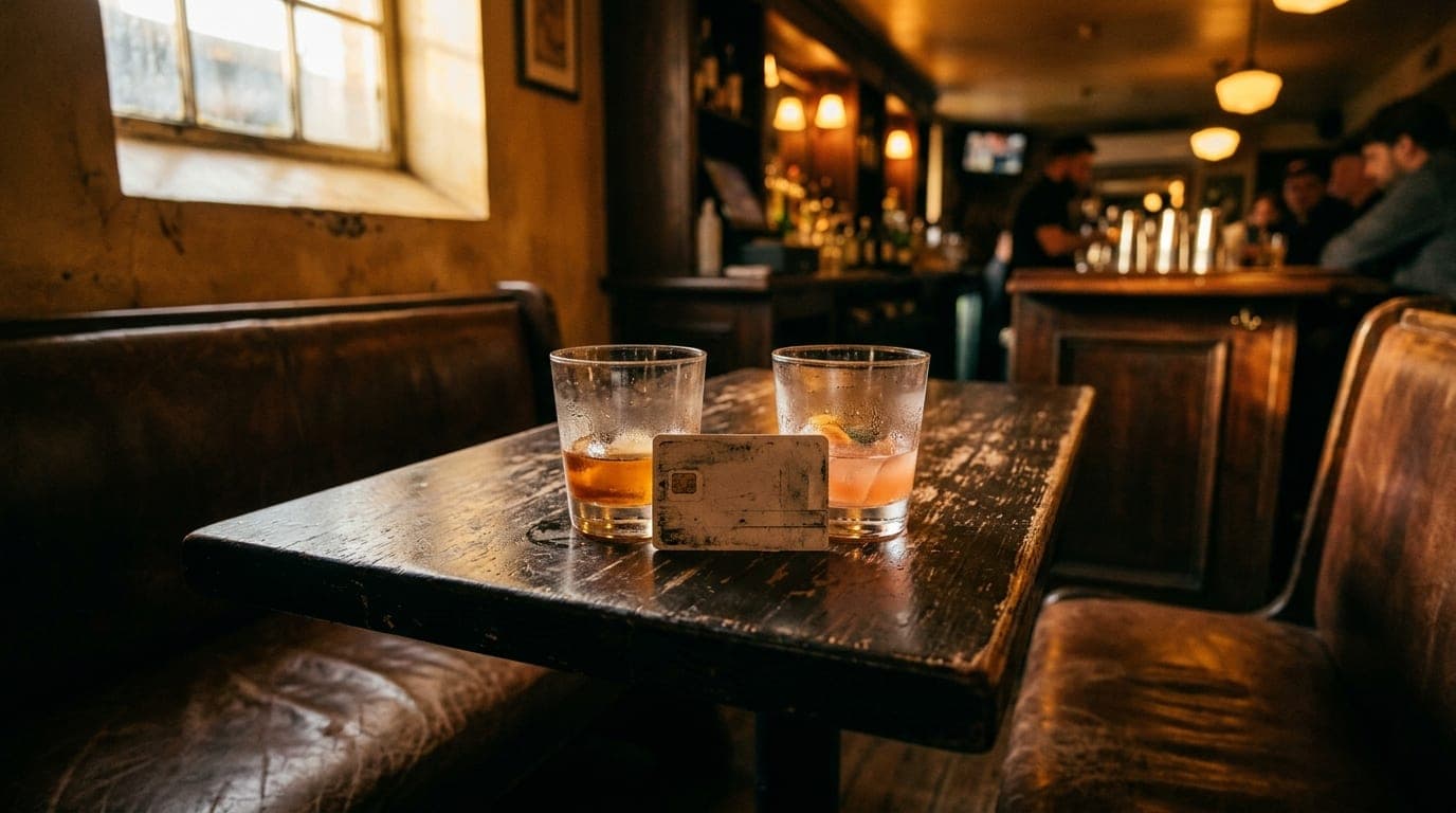 24mm wide-angle, golden hour. An intimate leather booth inside a dimly lit basement bar. Two half-empty cocktail glasses s...