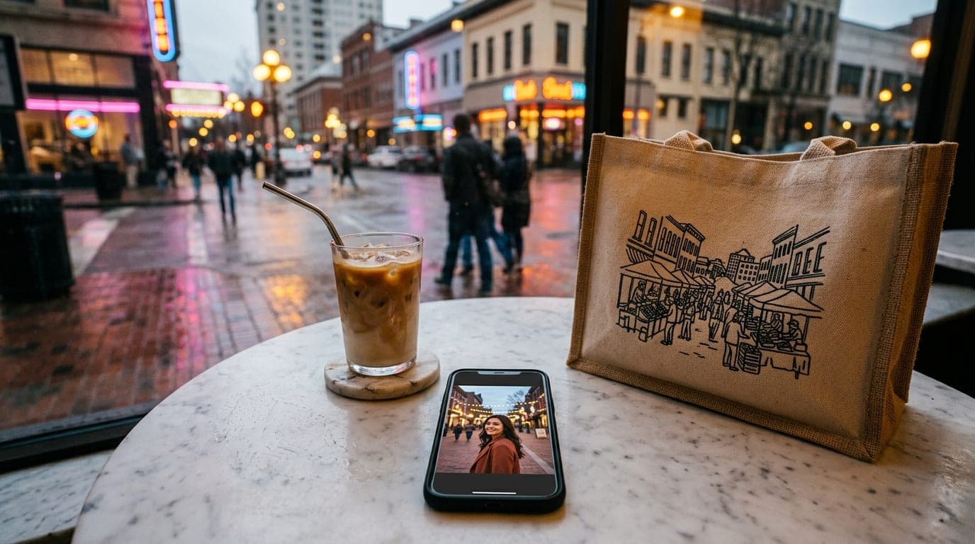 Overhead flat-lay on a marble café table showing an iced latte, a smartphone displaying a Bumble profile with a Main Stree...