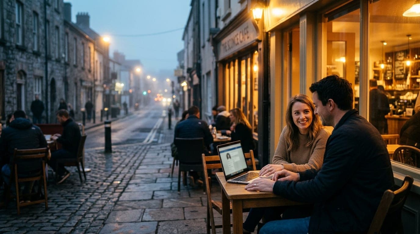 A wide establishing shot at night shows a couple sitting at a Shandon café table, glowing tungsten light illuminating a la...