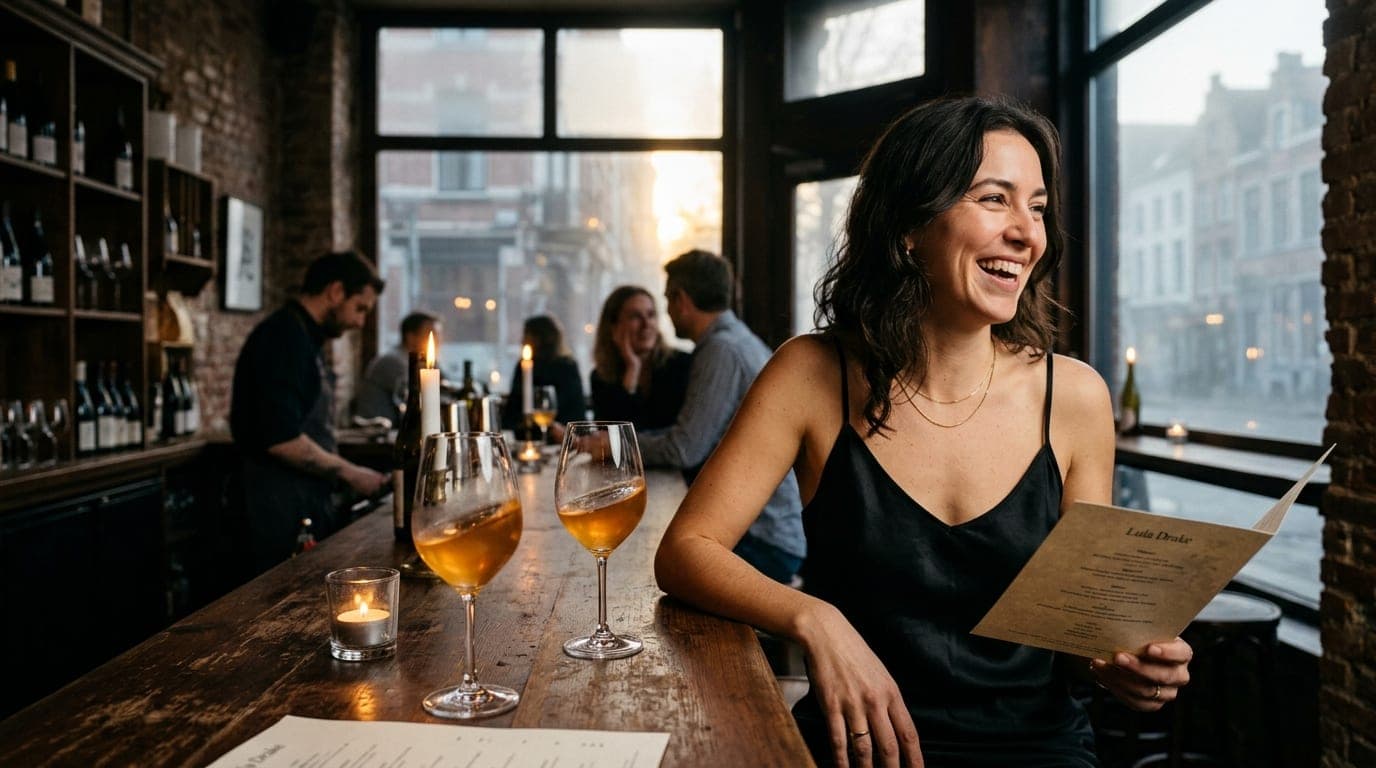 A medium shot captures two glasses of amber-hued orange wine on a dark wood bar at Lula Drake. A woman in a black silk cam...