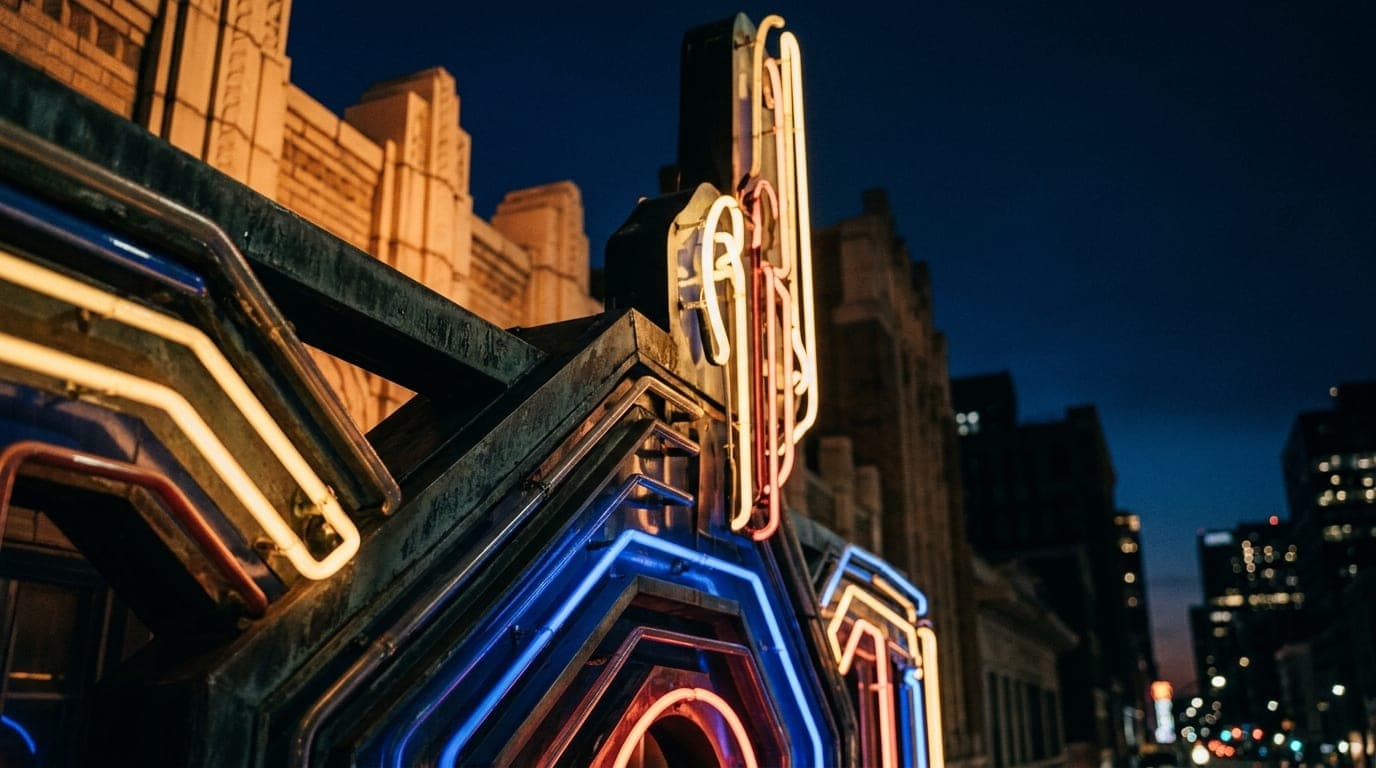 A low-angle, 100mm macro shot captures the intricate, neon-lit neon signage of the iconic Art Bar exterior at midnight, th...