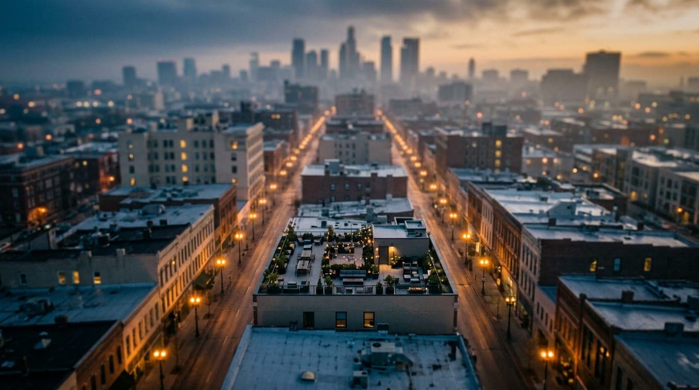 An overhead flat-lay of the Main Street corridor at dawn; tilt-shift selective focus highlights the Hendrix rooftop terrac...