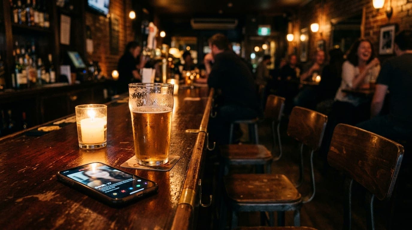 A medium shot captures two stools at a dim, local bar. A smartphone displaying a Tinder profile sits next to a perspiring,...