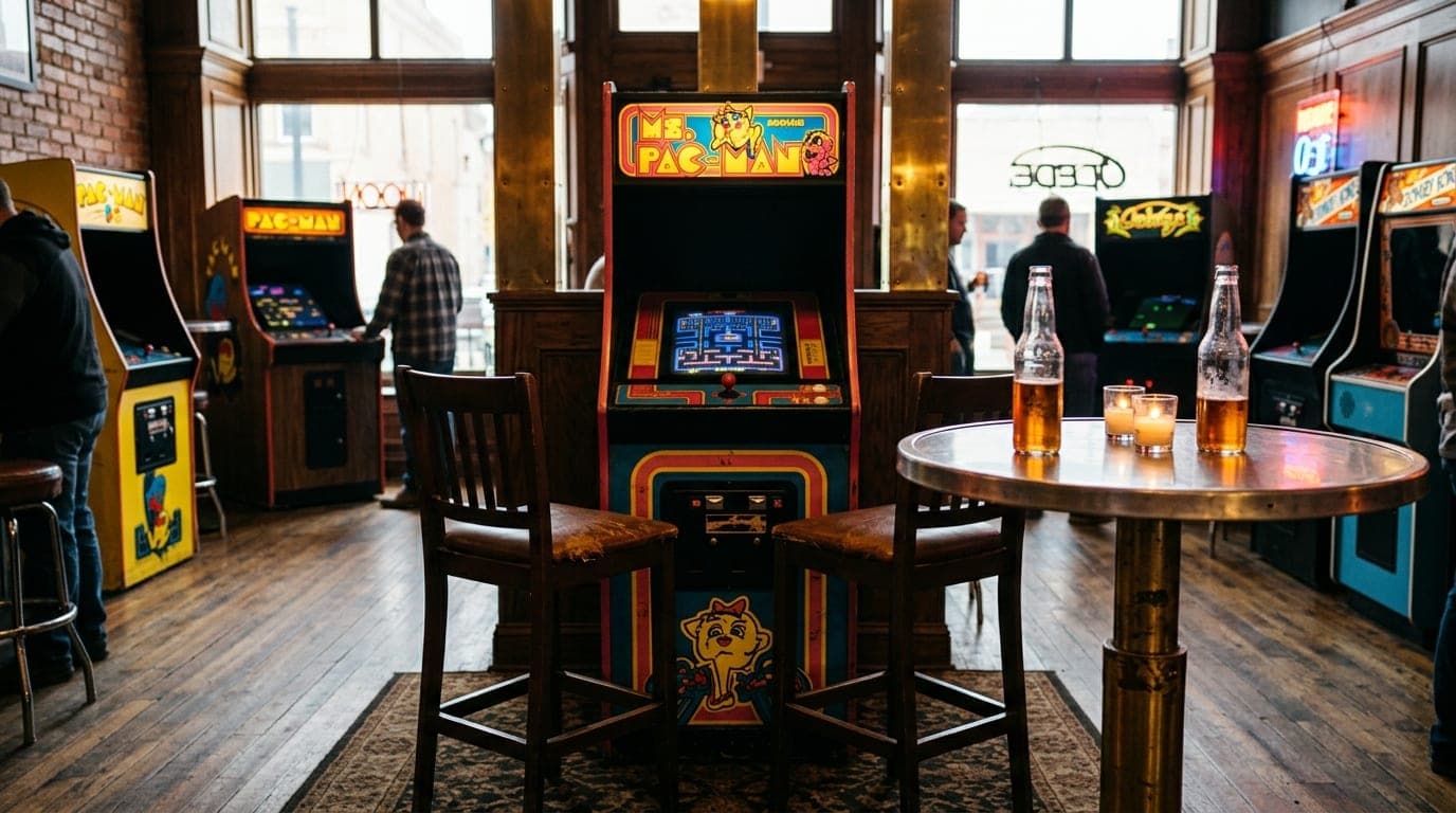 A 24mm wide-angle, centered shot inside a Main Street arcade. Two stools face a glowing Ms. Pac-Man cabinet, with two half...