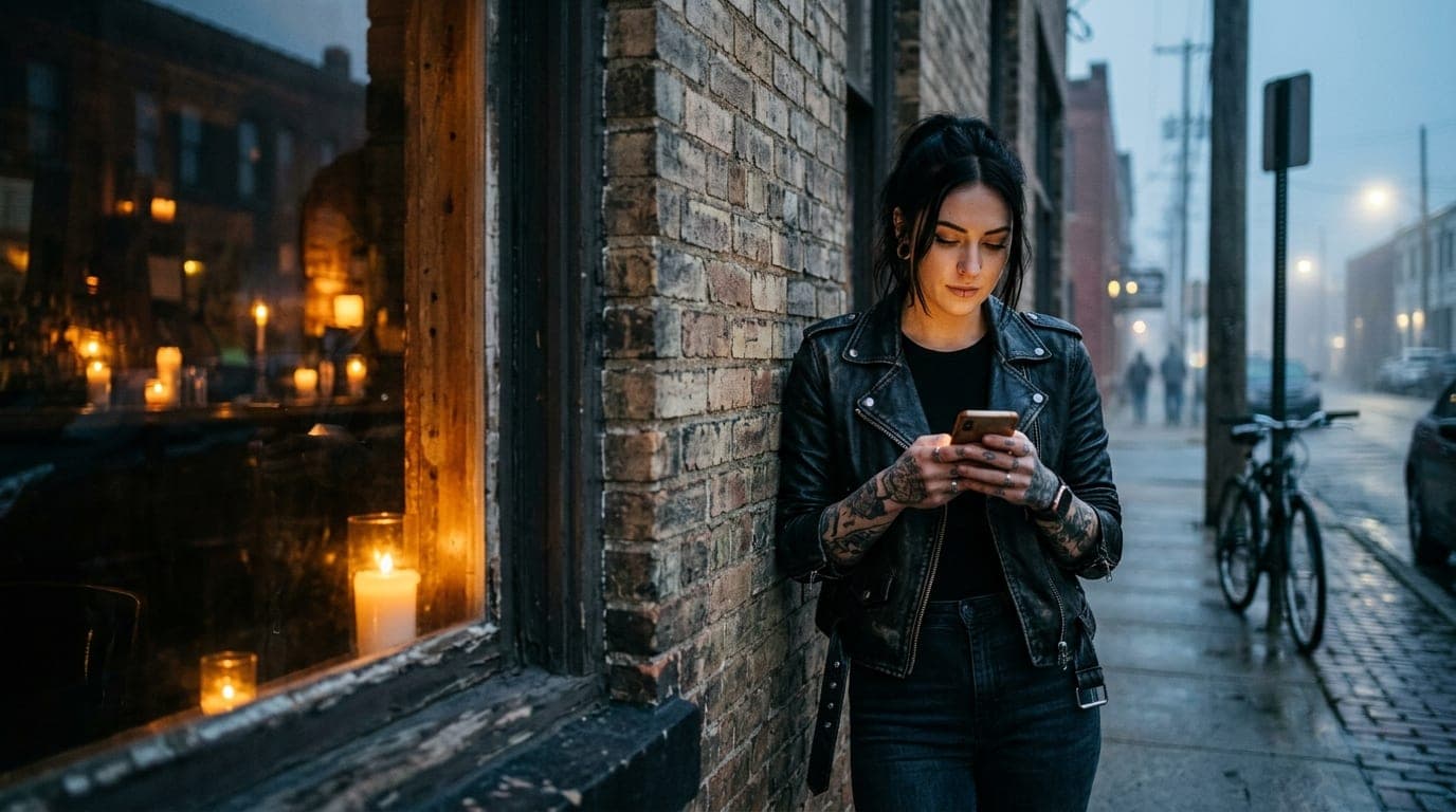 A medium shot captures a tattooed woman in a leather jacket leaning against a brick wall in Franklinton, holding a backlit...