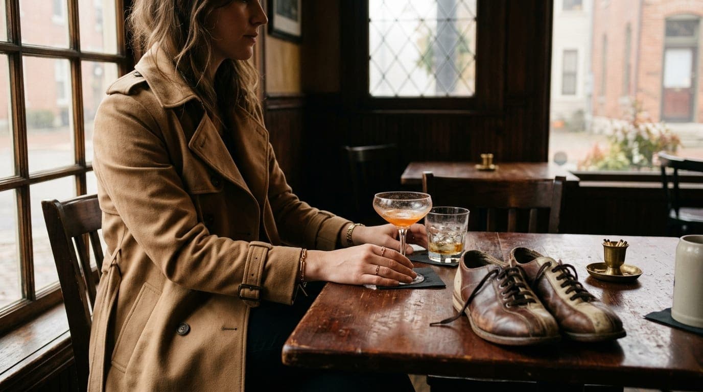 Noon light hits a mahogany pub table in German Village. A woman in a camel trench coat rests her hands beside two half-emp...