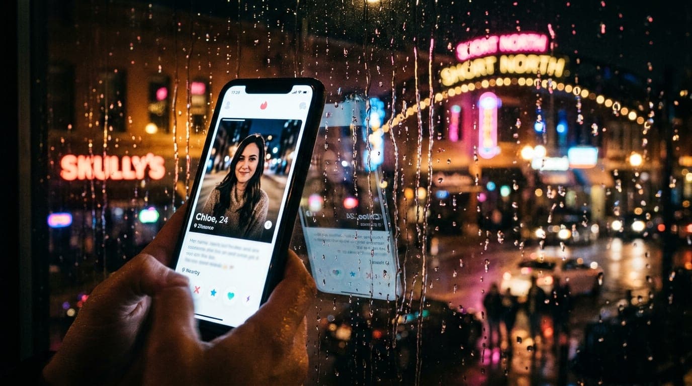 A 100mm macro shot captures a glowing smartphone screen displaying a Tinder profile reflection against a rain-streaked win...