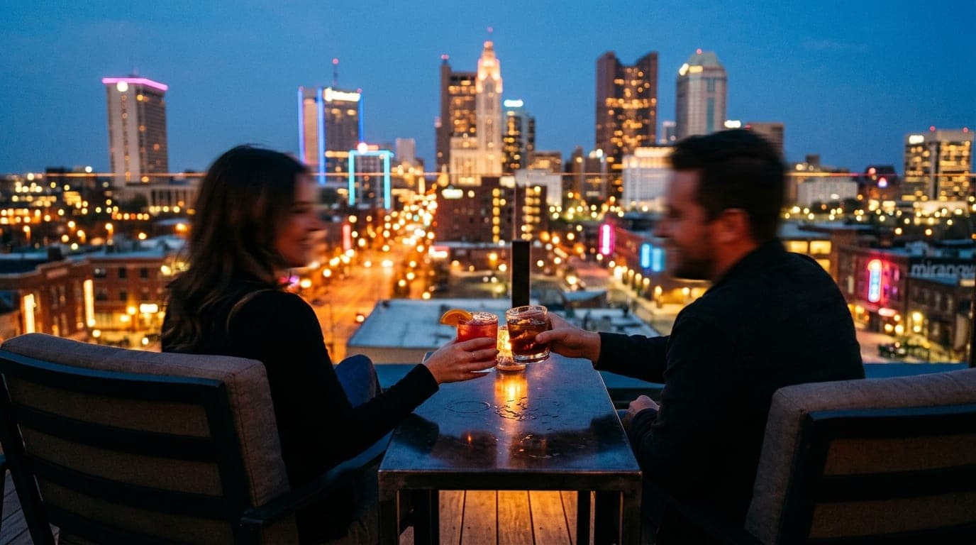 A wide-angle, tilt-shift shot from a Lincoln Social lounge chair. A couple holds craft cocktails, their faces blurred, as...