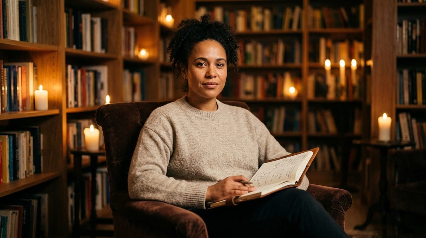 A person sits confidently on a velvet armchair in a candle-lit library, holding an open notebook. Soft, golden light highl...