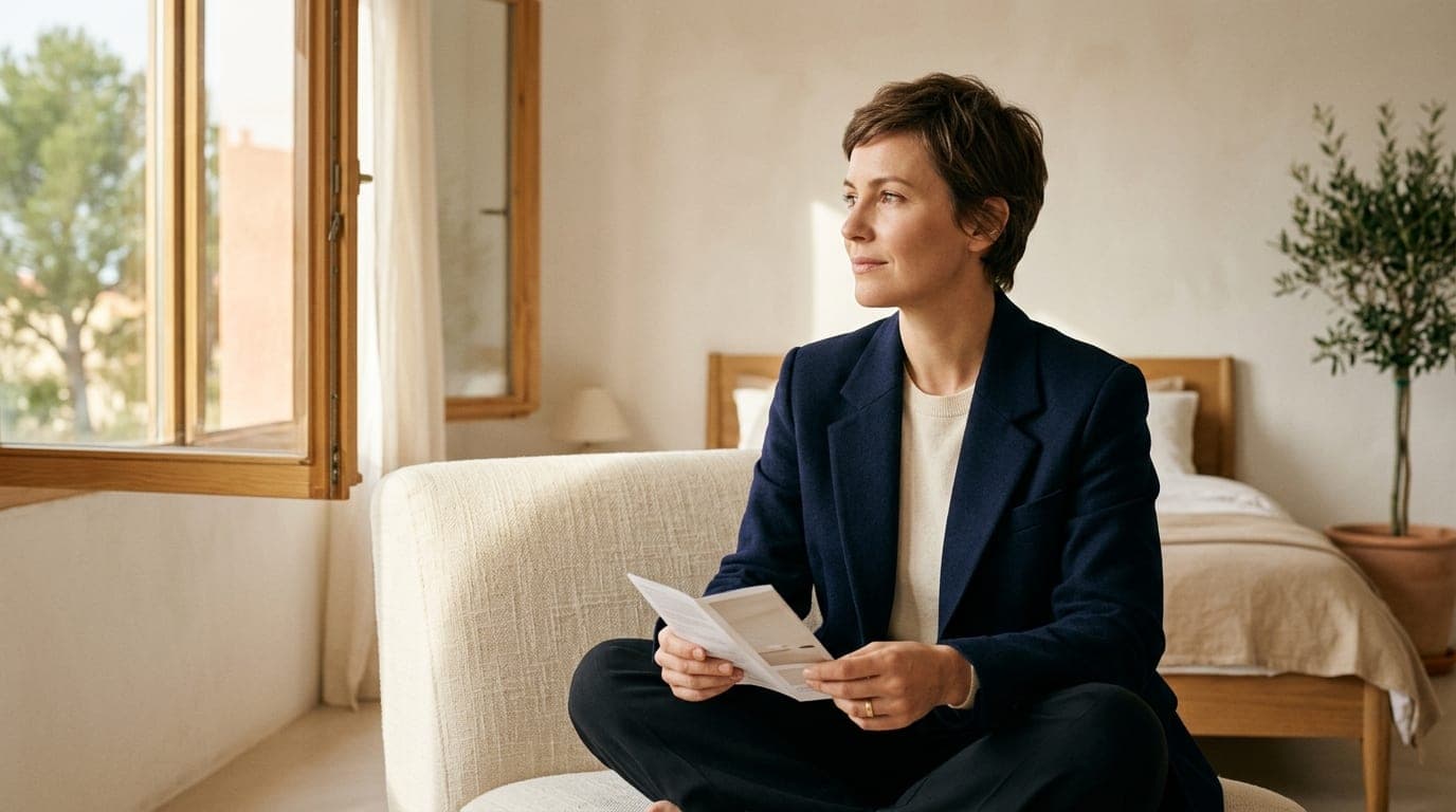 A woman sits in a sun-drenched, minimalist bedroom wearing a structured navy blazer, confidently holding a clinical inform...