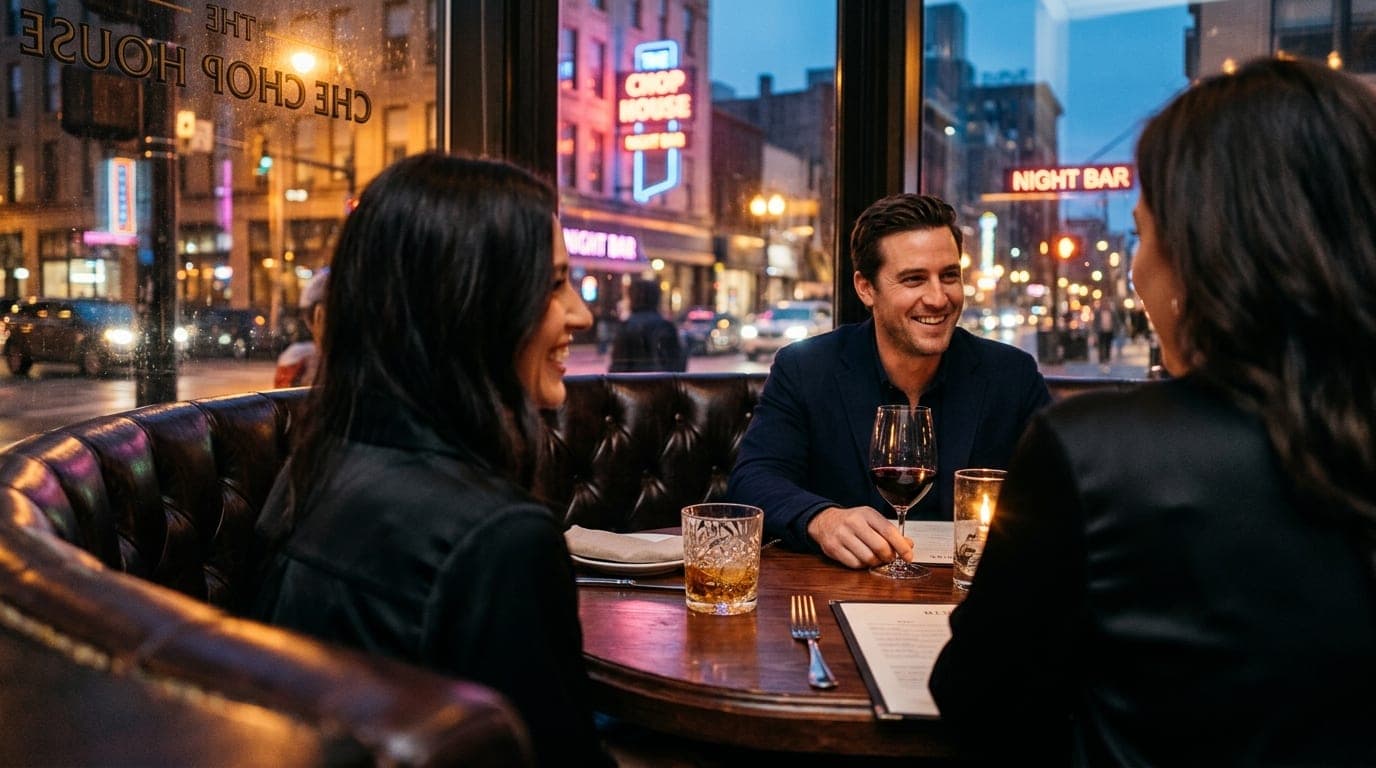 A couple sits in a high-backed dark leather booth at a dimly lit steakhouse. Selective focus highlights two crystal glasse...