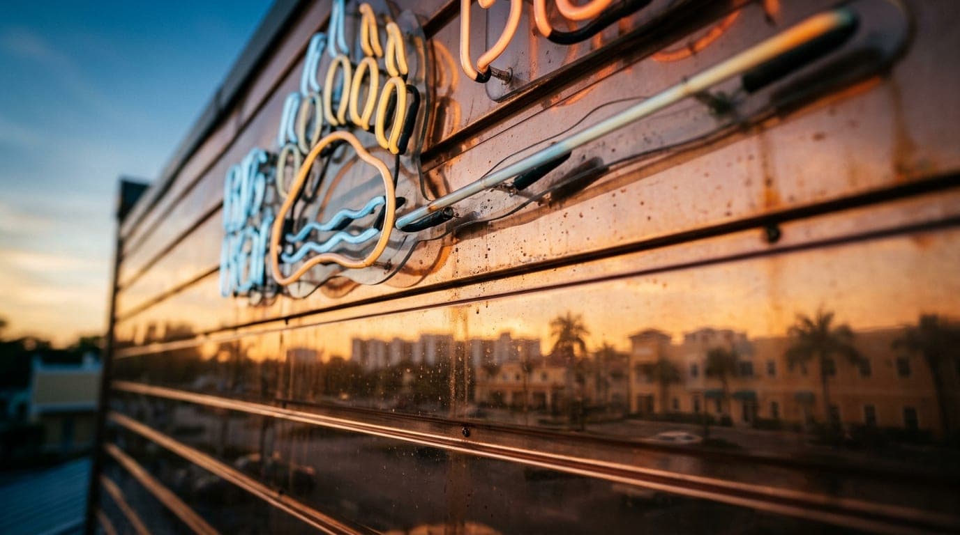 An extreme macro, tilt-shift shot of the Big Bear Brewing Co. neon sign during golden hour, with the blurred Coral Springs...