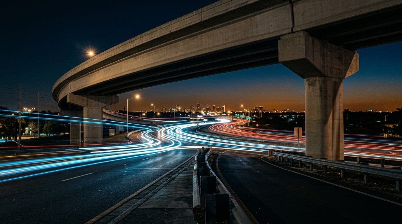 A low-angle, tight-crop shot of the Sawgrass Expressway interchange at midnight. Neon blue traffic light trails blur again...