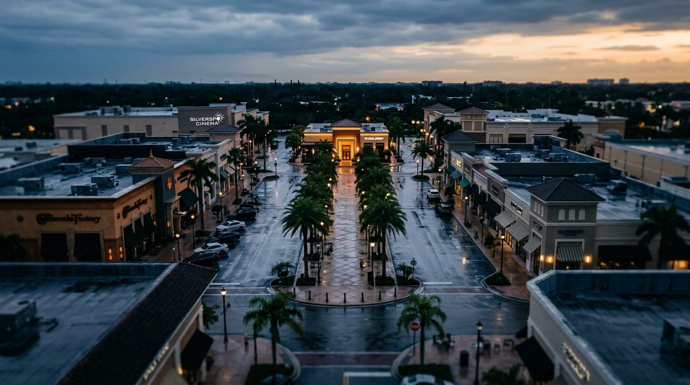 An overhead flat-lay of The Promenade at Coconut Creek at dawn. Overcast morning light illuminates wet pavement, with lead...
