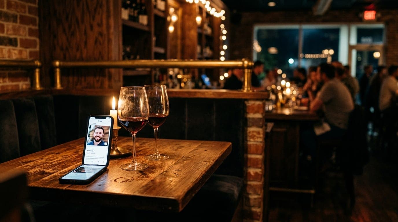 A warm, dimly lit wine bar booth in Coral Springs. An open smartphone showing a Hinge profile sits next to two half-empty...