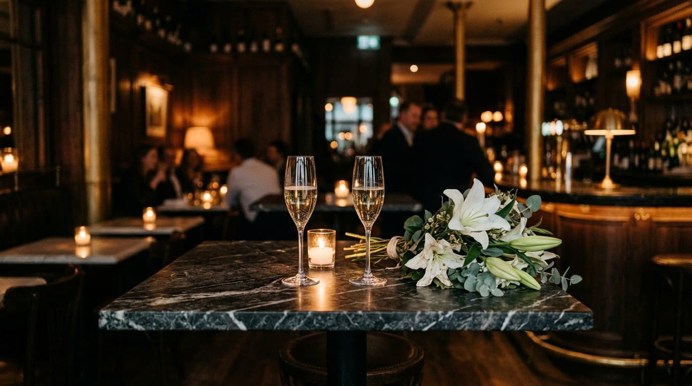 A centered, medium shot of a marble high-top table at an upscale wine bar. Two crystal flutes of sparkling wine sit untouc...