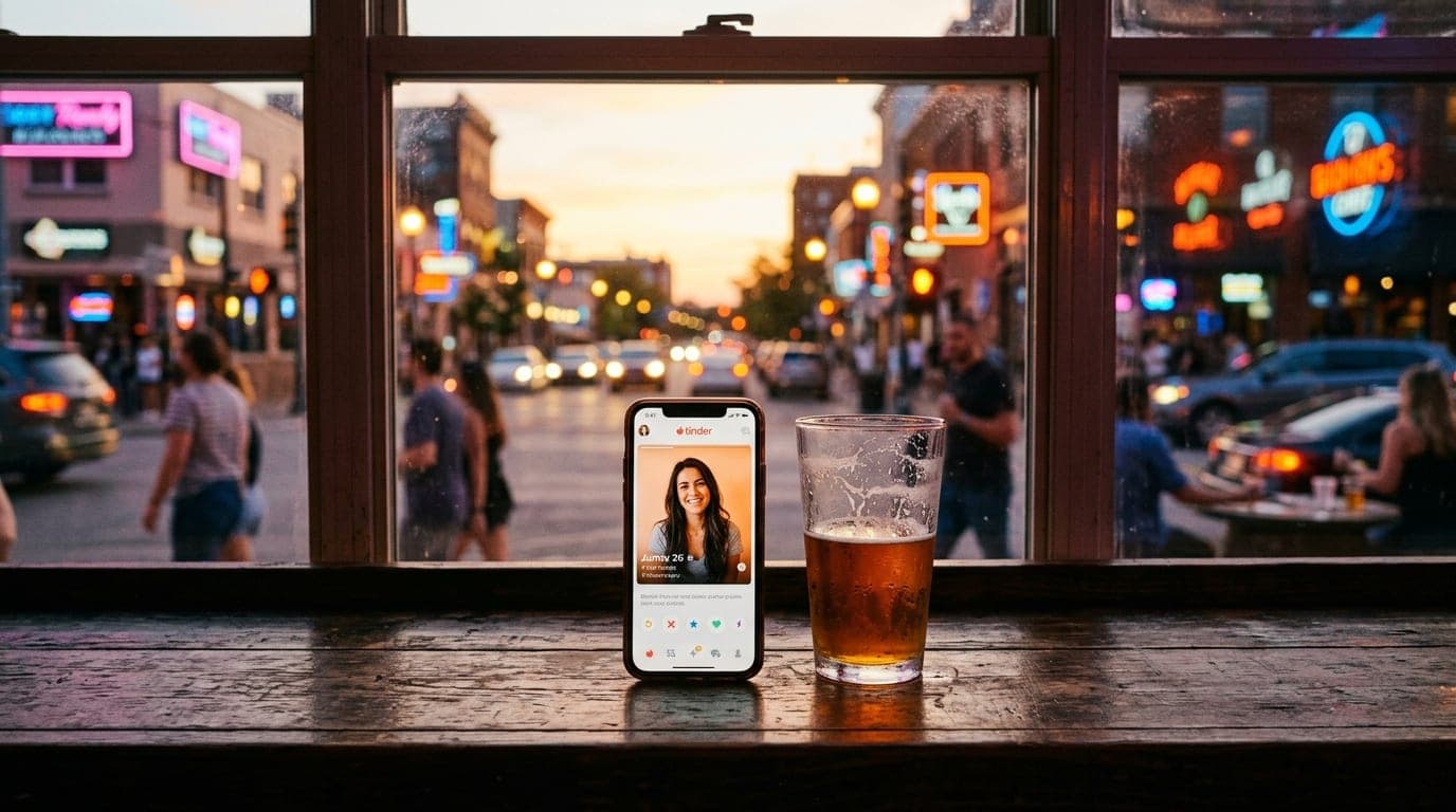 Centered, 24mm wide-angle shot through a sunlit window. A smartphone displaying a Tinder profile sits on a wooden bar top...