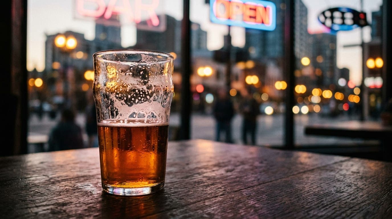 A 50mm close-up of a half-empty craft beer glass on a rustic wood table at Big Bear Brewing, soft golden hour sunlight cat...