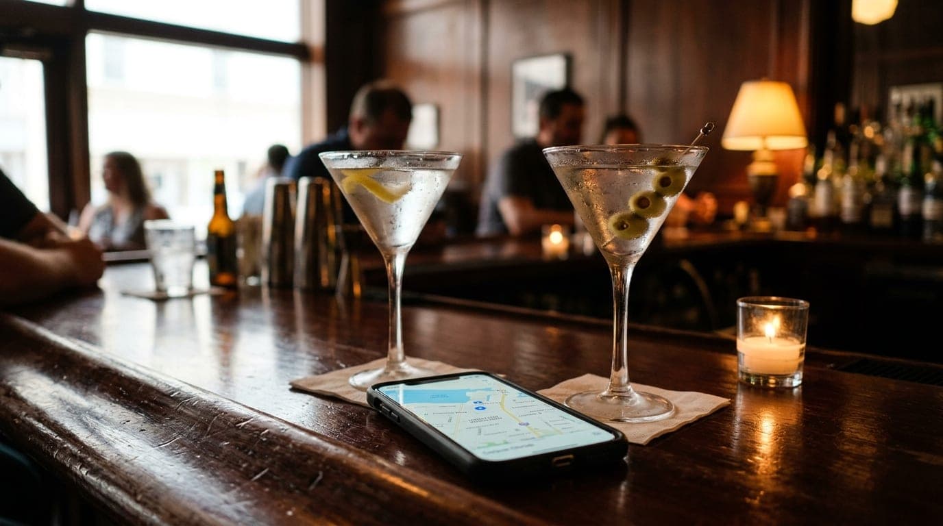 A close-up, tilt-shift focus captures a polished mahogany bar in a dim downtown lounge. Two chilled martini glasses sit be...