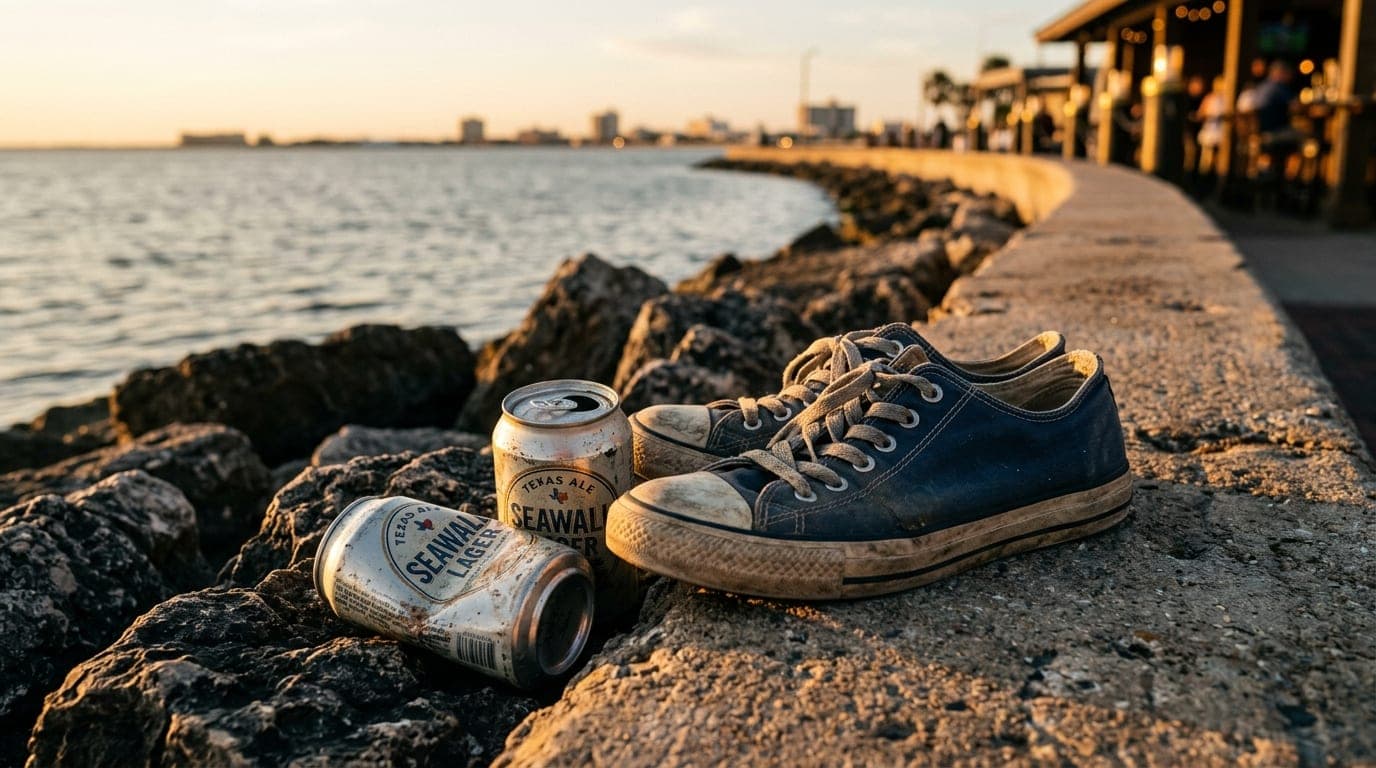 Golden hour sunlight hits the concrete of the Corpus Christi Bayfront Seawall, focusing on two discarded beer cans and a p...