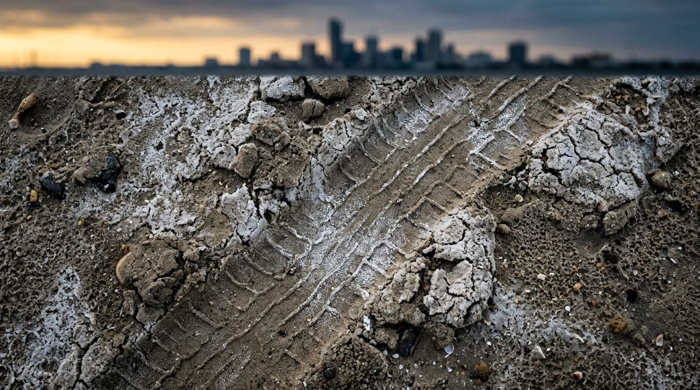 Macro 100mm flat-lay of weathered, salt-crusted sand patterns at Access Road 5, featuring subtle, shimmering tire tracks u...