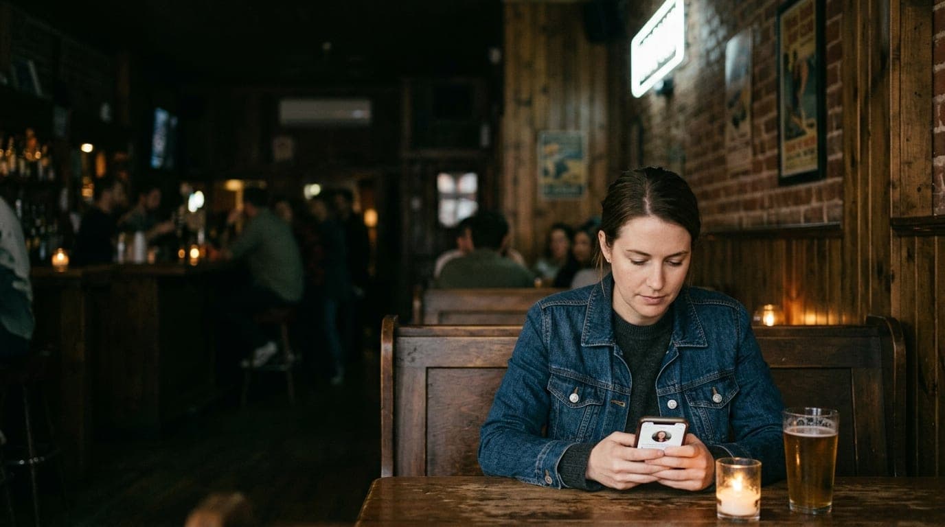 A medium shot, candle-lit interior at the Executive Surf Club. A woman in a dark denim jacket sits alone in the lower thir...
