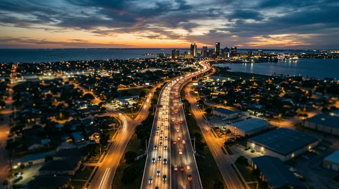 An overhead tilt-shift shot of the illuminated Crosstown Expressway at dusk. Glowing traffic lines flow toward the darkene...