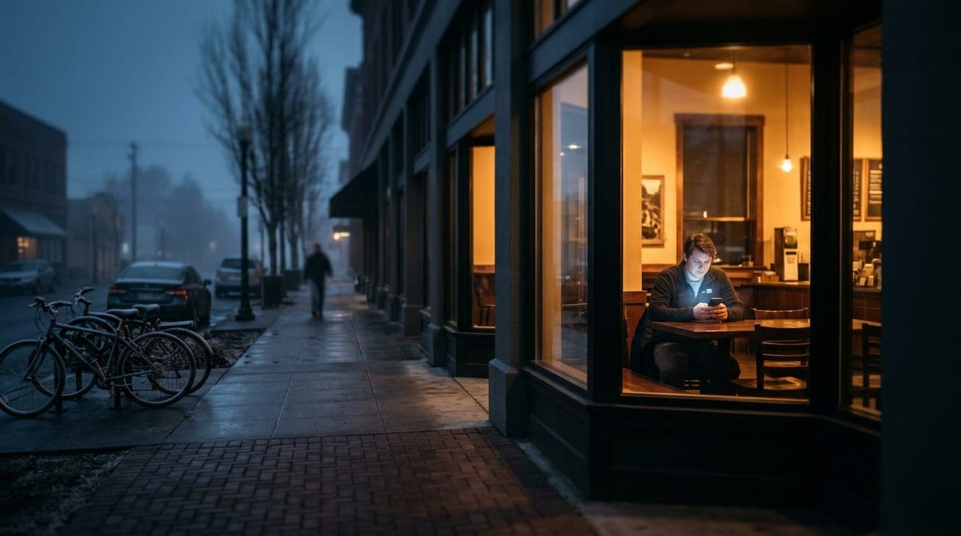 A wide, tilt-shift shot of a warm, tungsten-lit Corvallis coffee shop at night. A person sits alone at a wooden table, ill...
