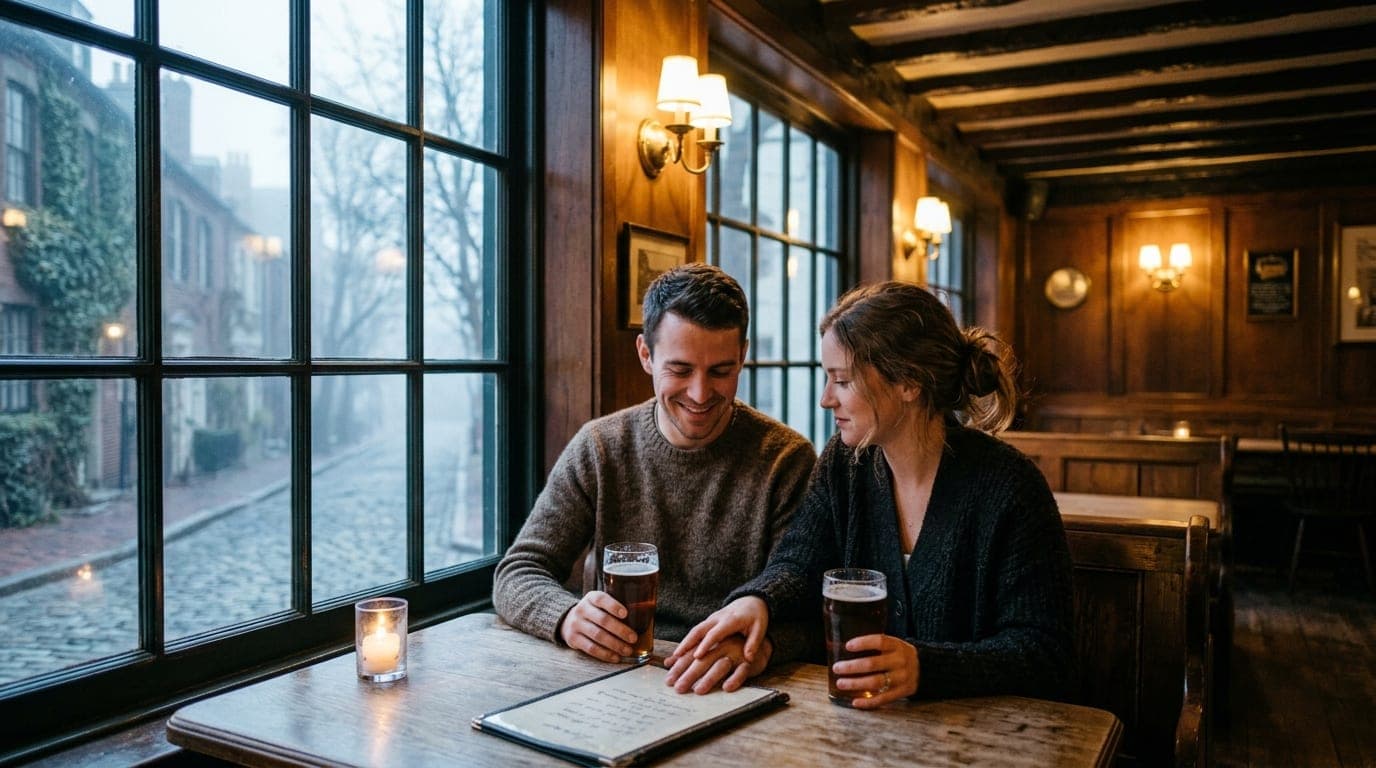 A couple sits at a wooden booth in Squirrel’s Tavern, holding pints of beer. The scene is lit by warm wall sconces; the fo...
