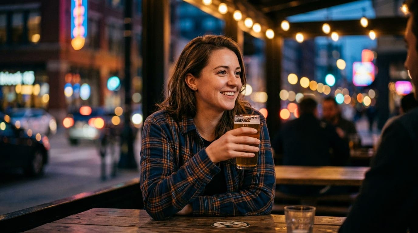 An 85mm portrait with shallow depth of field captures a woman in a casual flannel shirt holding a craft beer glass, sittin...